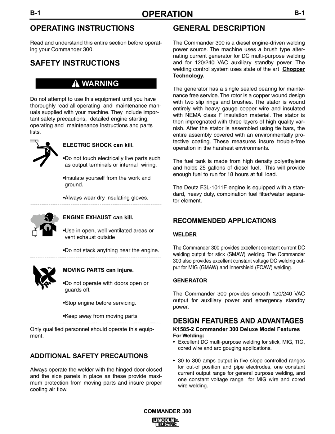 Lincoln Electric IM601-A Operating Instructions, Safety Instructions, General Description, Design Features and Advantages 