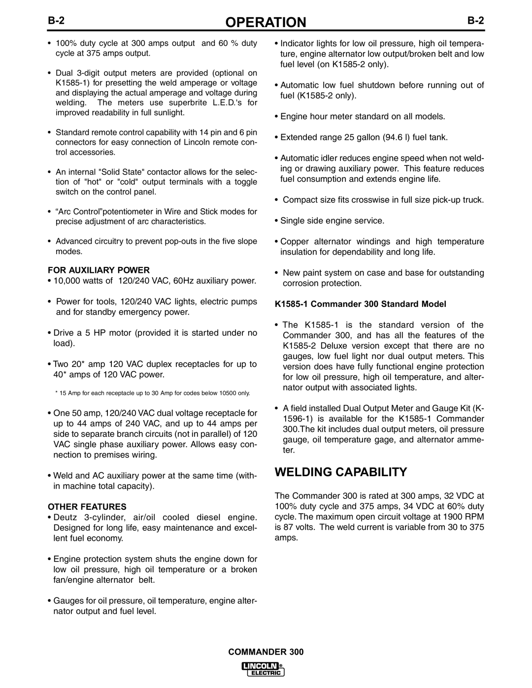 Lincoln Electric IM601-A Welding Capability, For Auxiliary Power, Other Features, K1585-1 Commander 300 Standard Model 