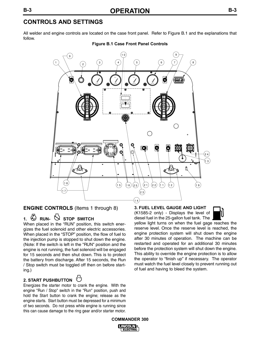 Lincoln Electric IM601-A manual Controls and Settings, RUN- Stop Switch, Start Pushbutton, Fuel Level Gauge and Light 