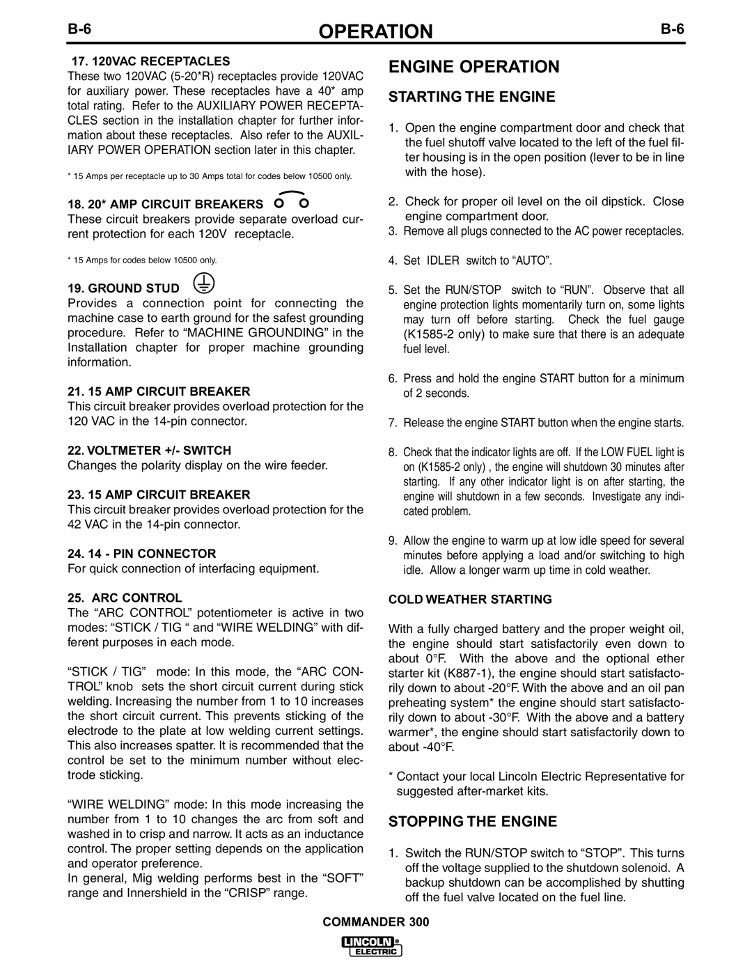 Lincoln Electric IM601-A manual Engine Operation, Starting the Engine, Stopping the Engine 