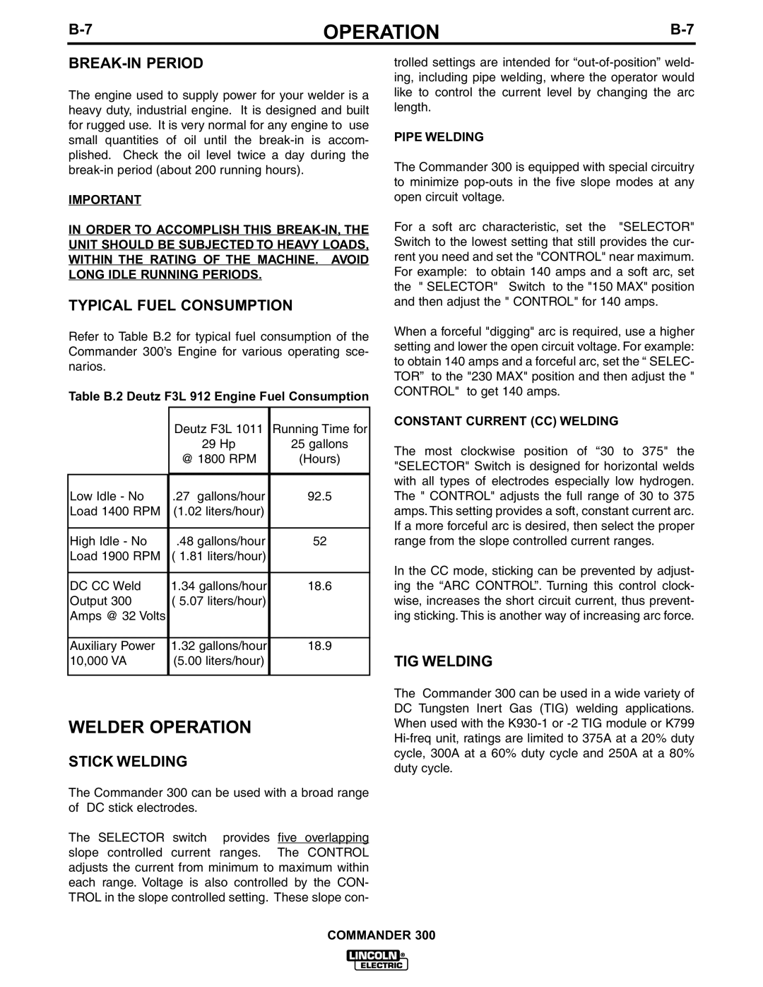 Lincoln Electric IM601-A manual Welder Operation, BREAK-IN Period, Typical Fuel Consumption, Stick Welding, TIG Welding 