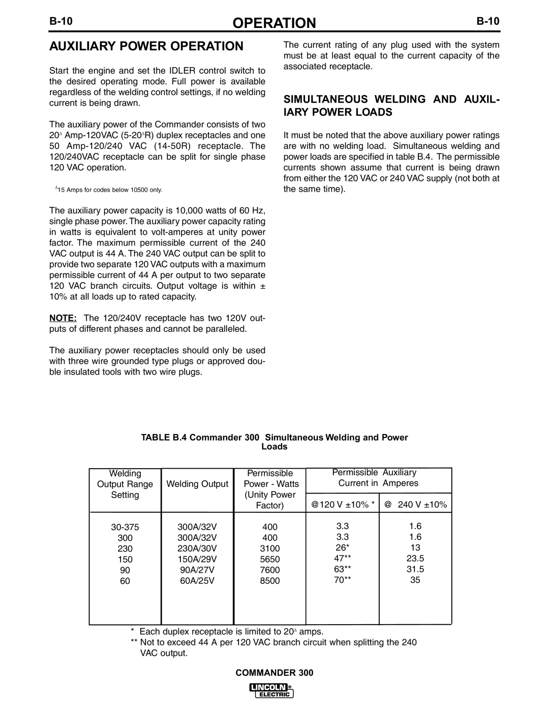 Lincoln Electric IM601-A manual Auxiliary Power Operation, Simultaneous Welding and AUXIL- Iary Power Loads 