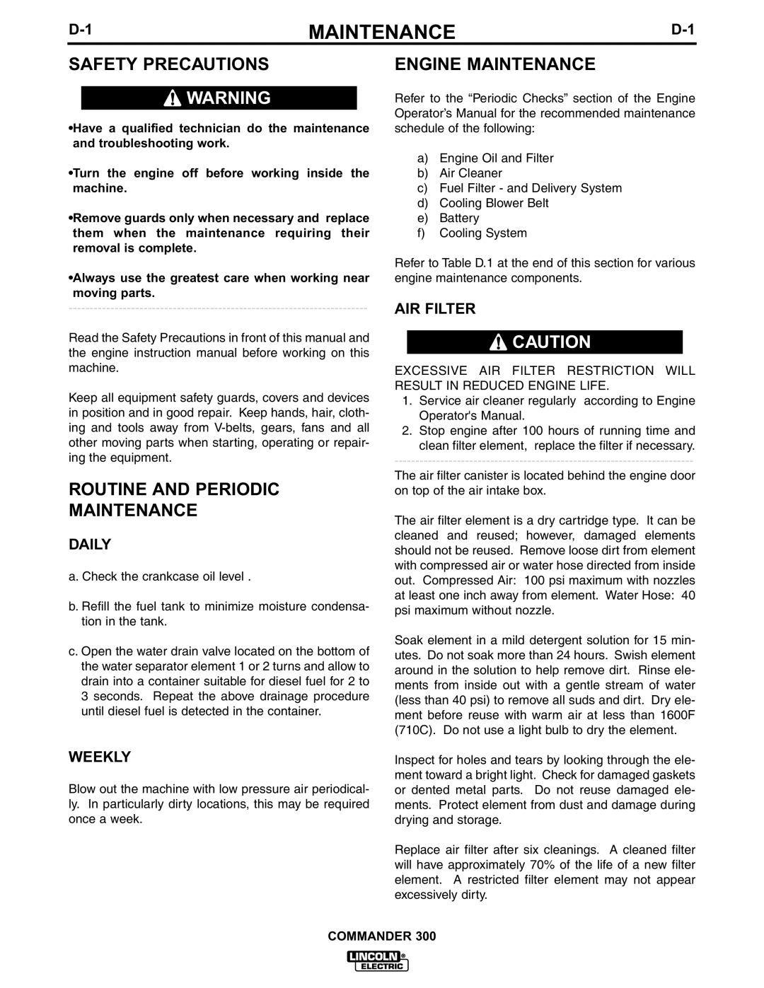 Lincoln Electric IM601-A manual Safety Precautions, Routine and Periodic Maintenance, Engine Maintenance 