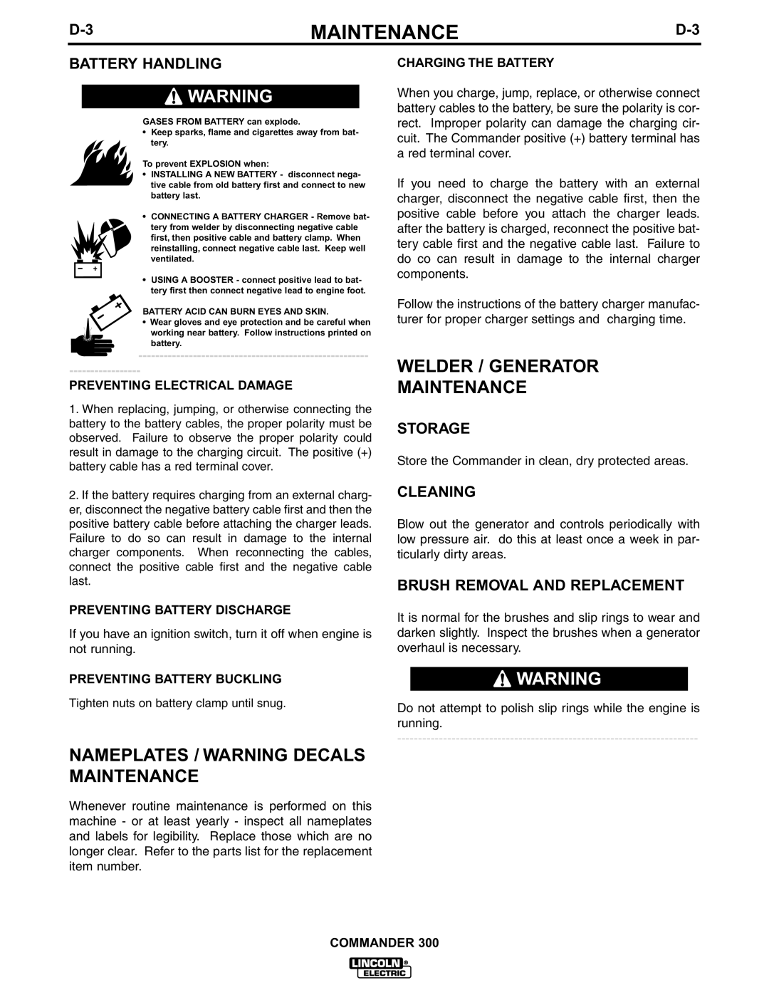 Lincoln Electric IM601-A manual Nameplates / Warning Decals Maintenance, Welder / Generator Maintenance 