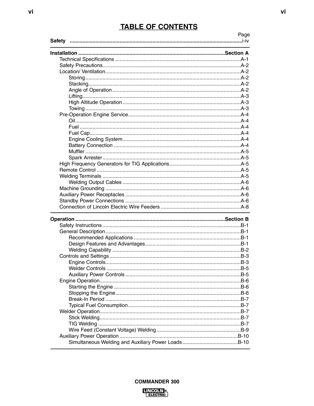 Lincoln Electric IM601-A manual Table of Contents 