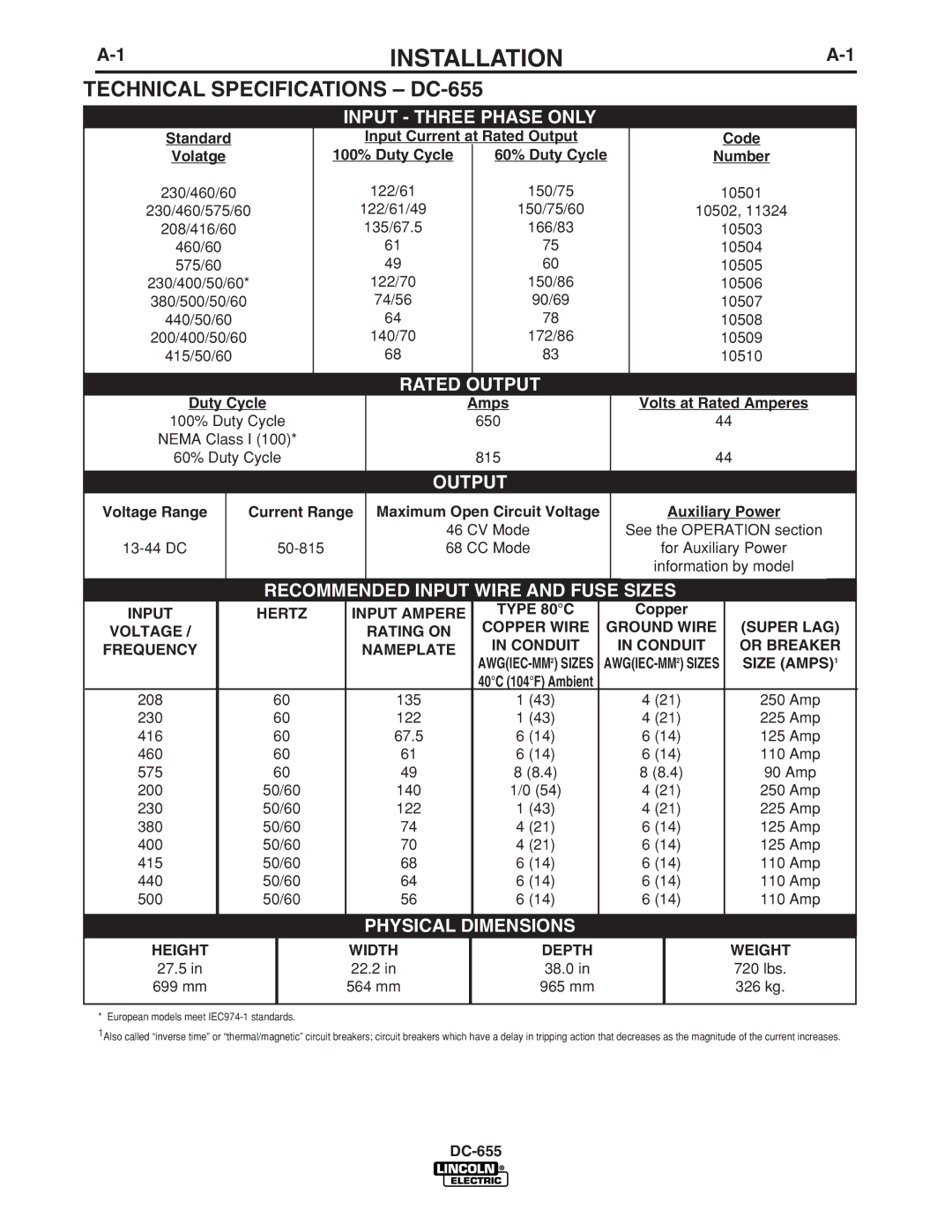 Lincoln Electric IM602-A Installation, Technical Specifications DC-655, Input Hertz Input Ampere Type 80C, Size AMPS1 