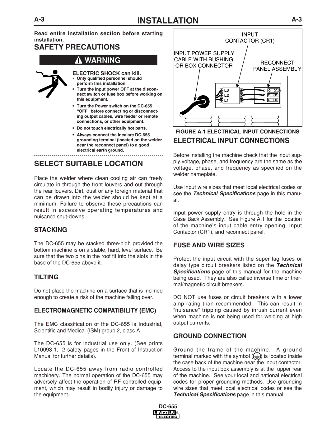 Lincoln Electric IM602-A manual Safety Precautions, Select Suitable Location, Electrical Input Connections 