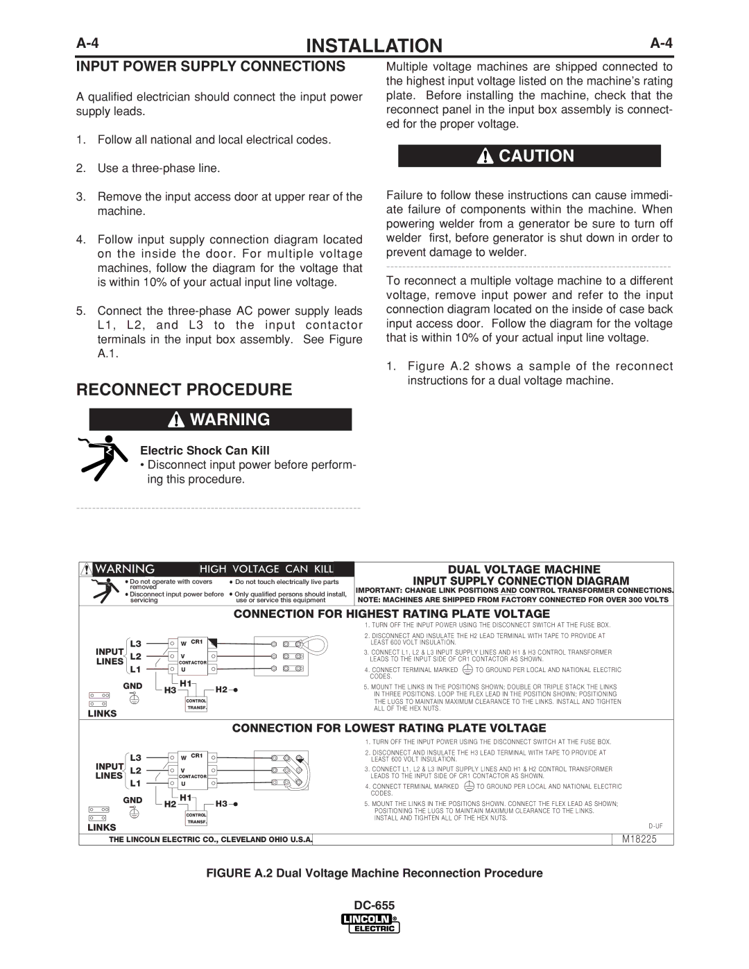 Lincoln Electric IM602-A manual Reconnect Procedure, Input Power Supply Connections 