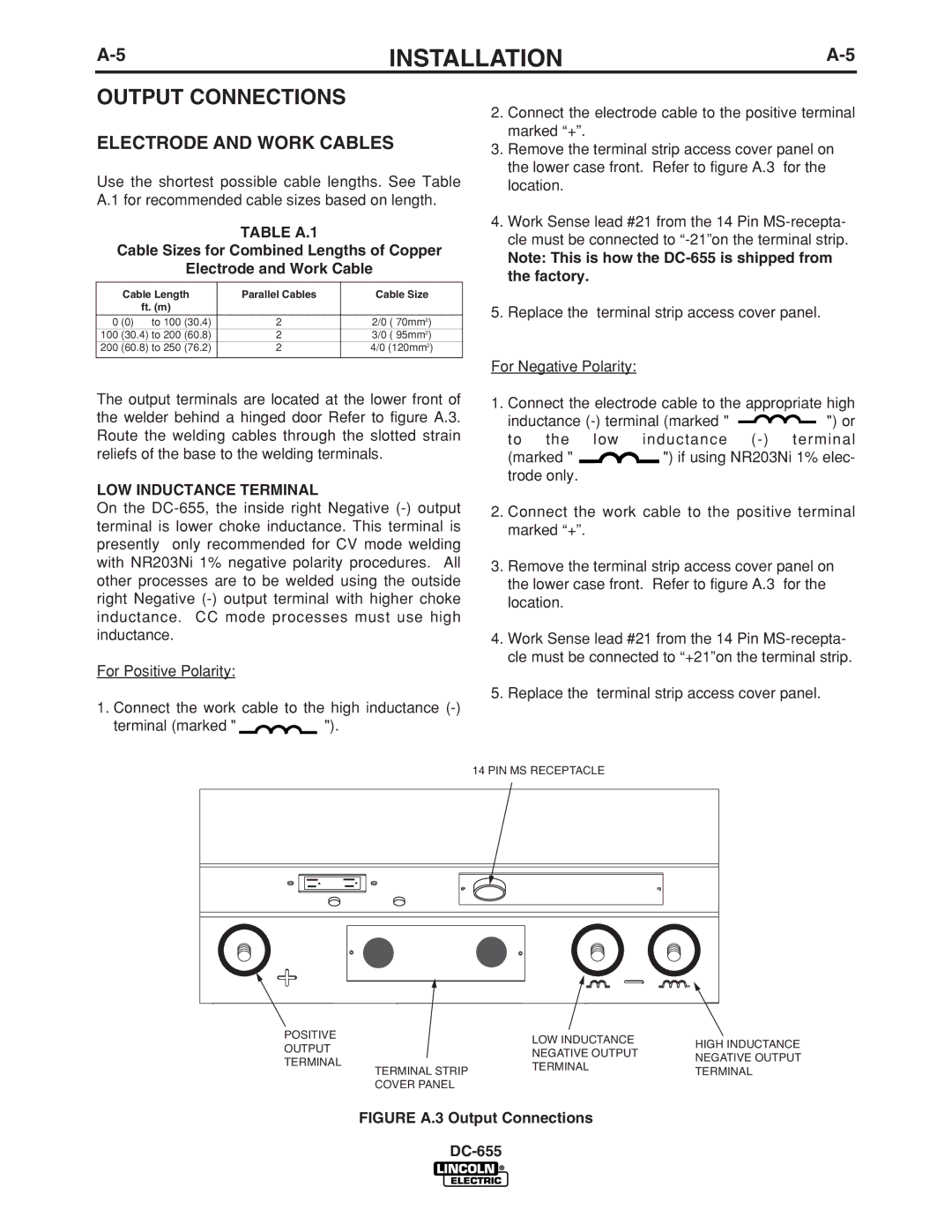 Lincoln Electric IM602-A manual Output Connections, Electrode and Work Cables, Table A.1, LOW Inductance Terminal 