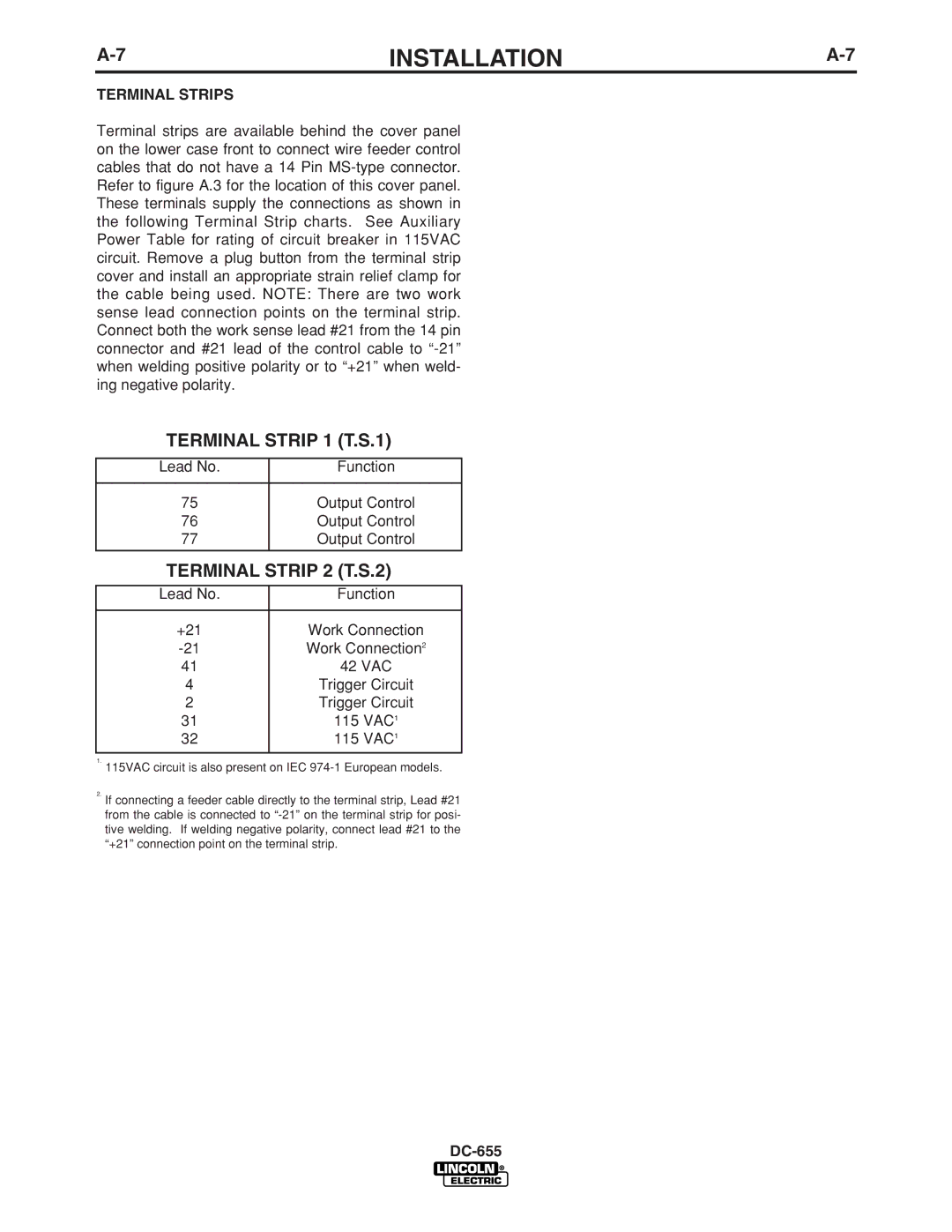 Lincoln Electric IM602-A manual Terminal Strip 1 T.S.1, Terminal Strip 2 T.S.2, Terminal Strips 