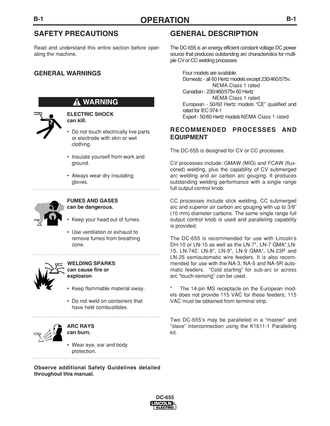 Lincoln Electric IM602-A manual Operation, General Description, General Warnings, Recommended Processes and Equipment 