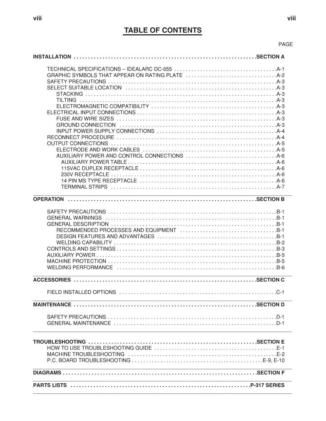 Lincoln Electric IM602-A manual Table of Contents 