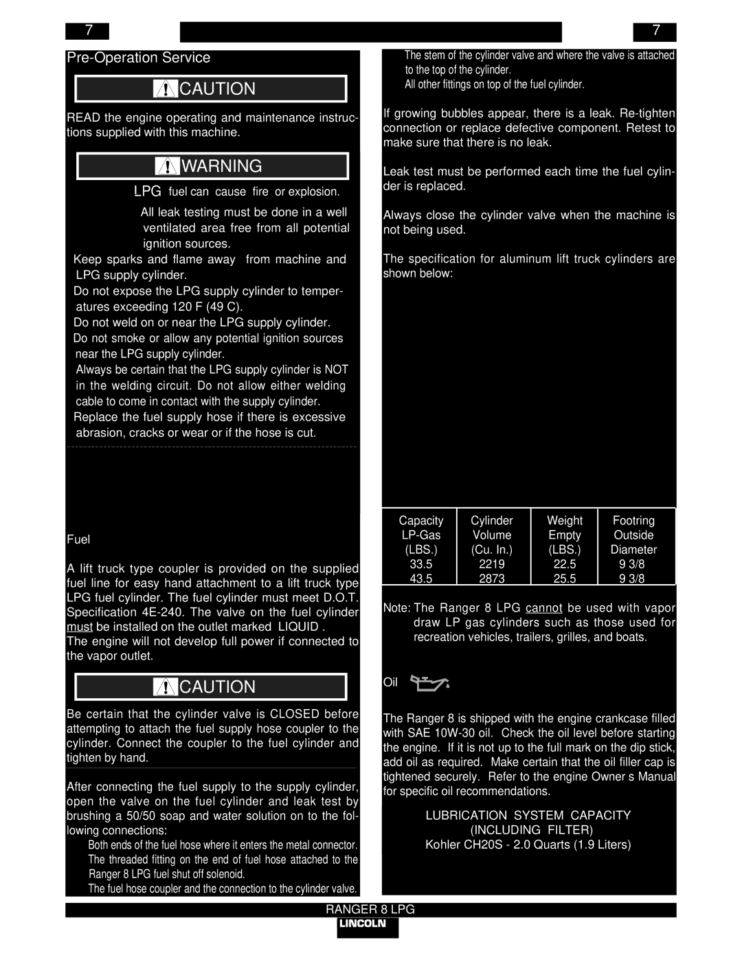 Lincoln Electric IM604-B manual Pre-Operation Service, LPG- fuel can cause fire or explosion, Fuel, Oil 