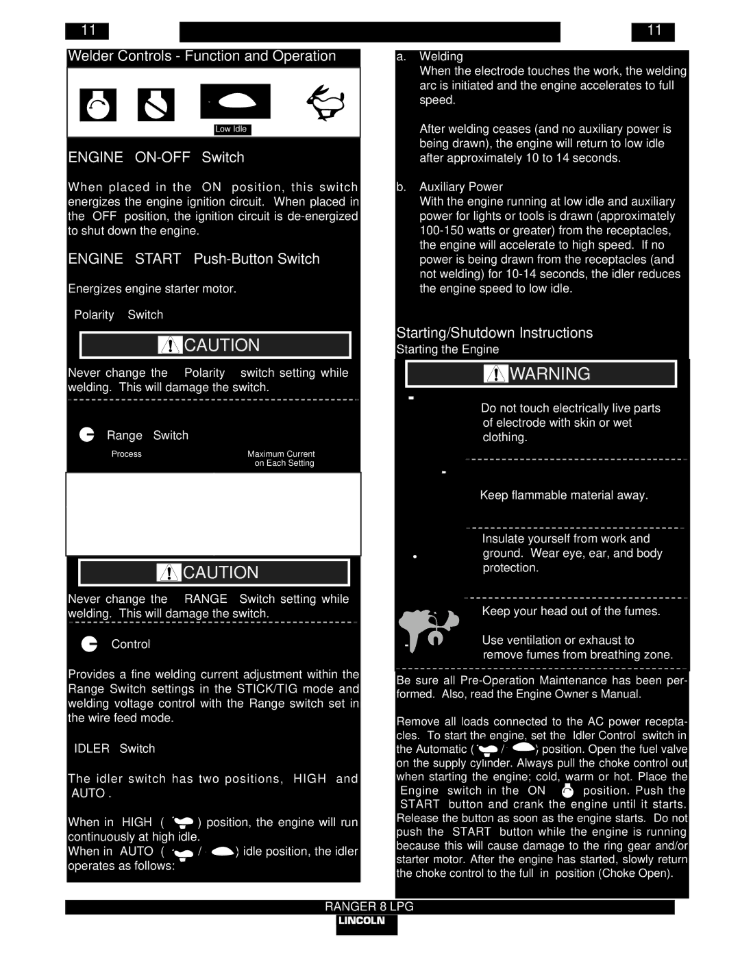Lincoln Electric IM604-B Welder Controls Function and Operation, Engine ON-OFF Switch, Engine Start Push-Button Switch 