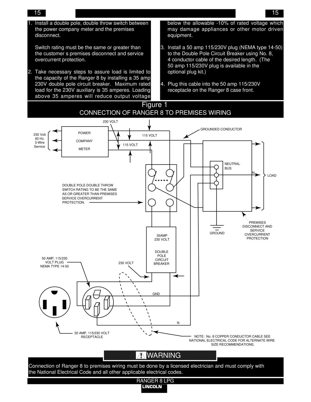 Lincoln Electric IM604-B manual Connection of Ranger 8 to Premises Wiring 