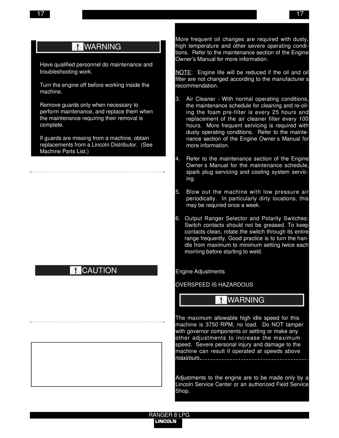 Lincoln Electric IM604-B manual Maintenance, CH20S, Overspeed is Hazardous 