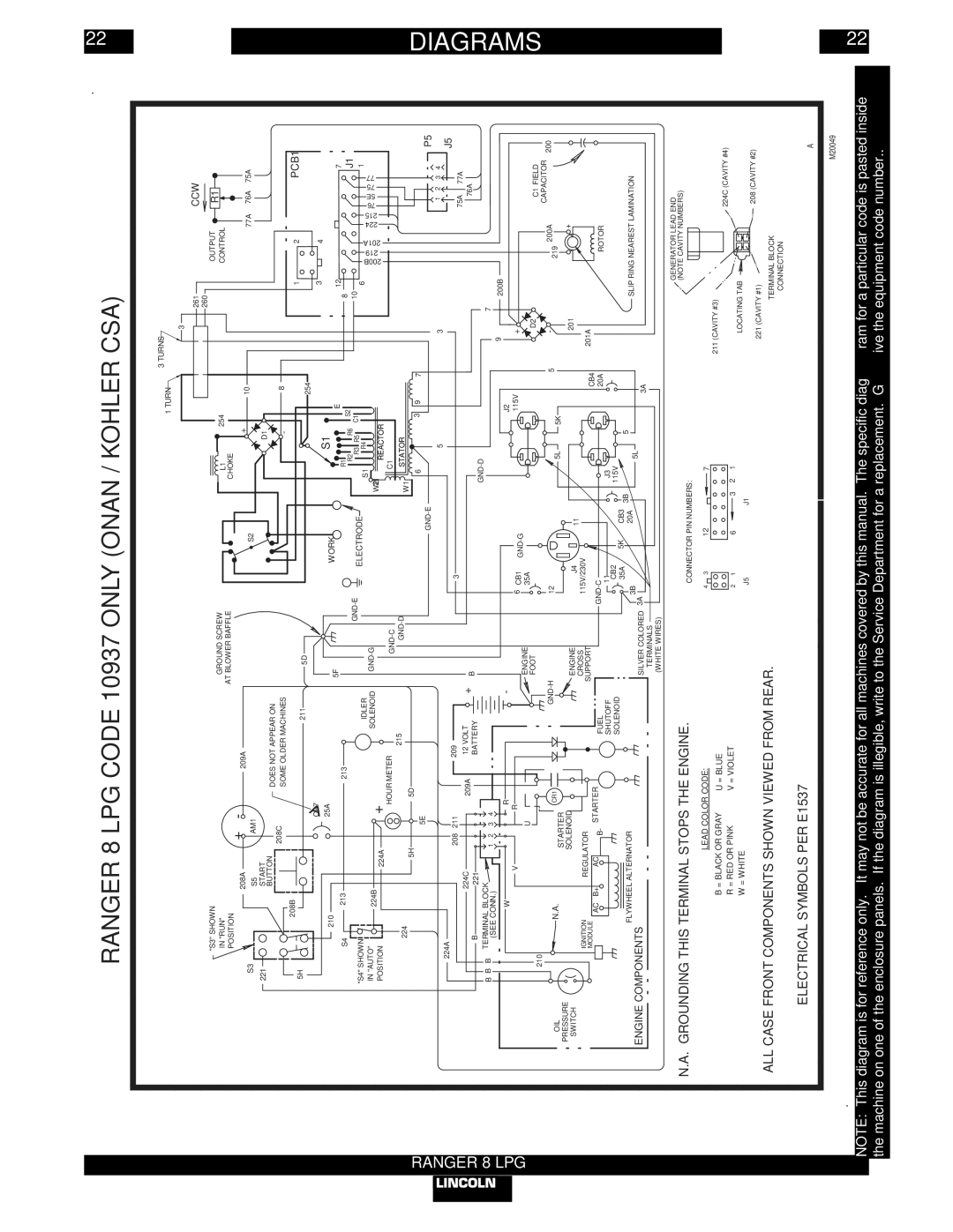 Lincoln Electric IM604-B manual Ranger 8 LPG Code 10937 only Onan / Kohler CSA, Diagrams, Lpg 