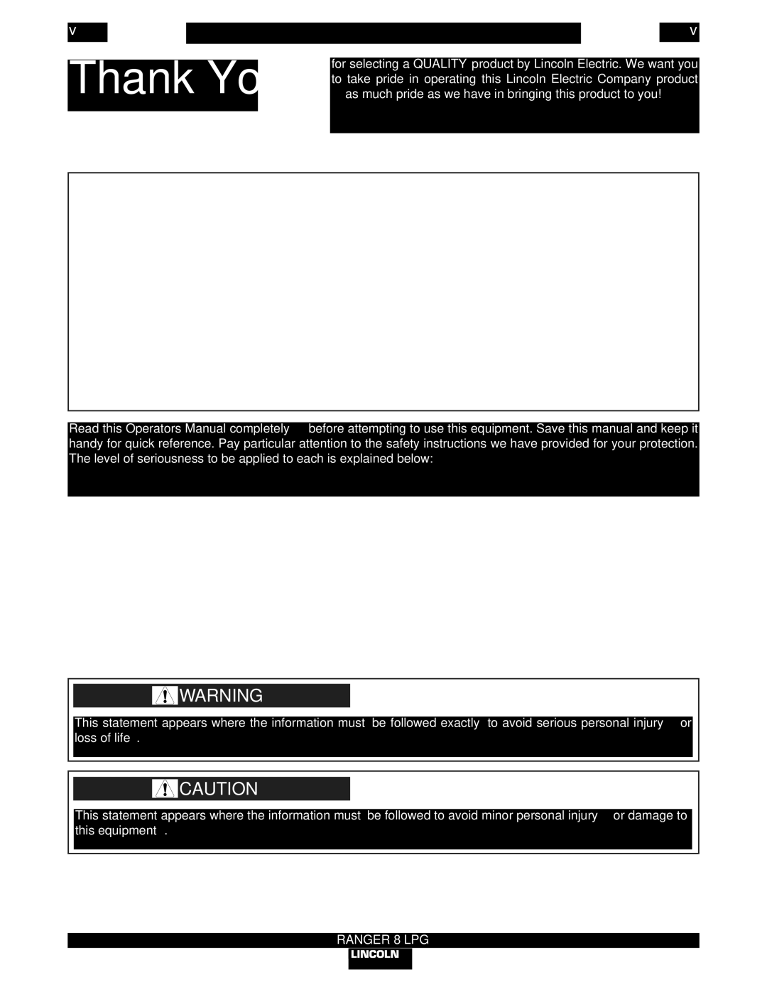 Lincoln Electric IM604-B manual Please Examine Carton and Equipment For Damage Immediately, Ranger 8 LPG 