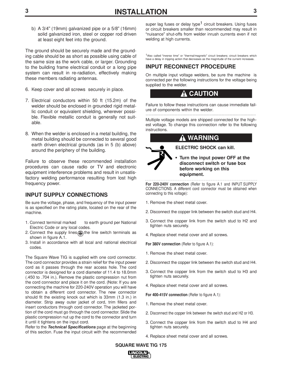 Lincoln Electric IM607 manual Input Supply Connections, Input Reconnect Procedure 