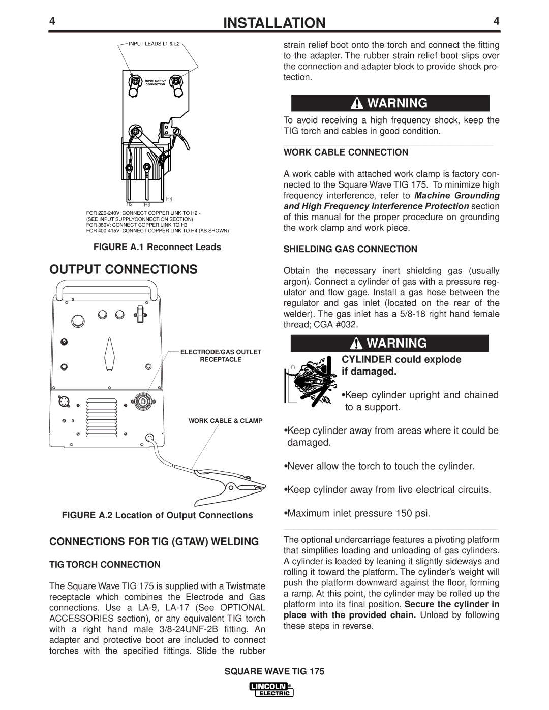 Lincoln Electric IM607 Output Connections, Connections for TIG Gtaw Welding, TIG Torch Connection, Work Cable Connection 