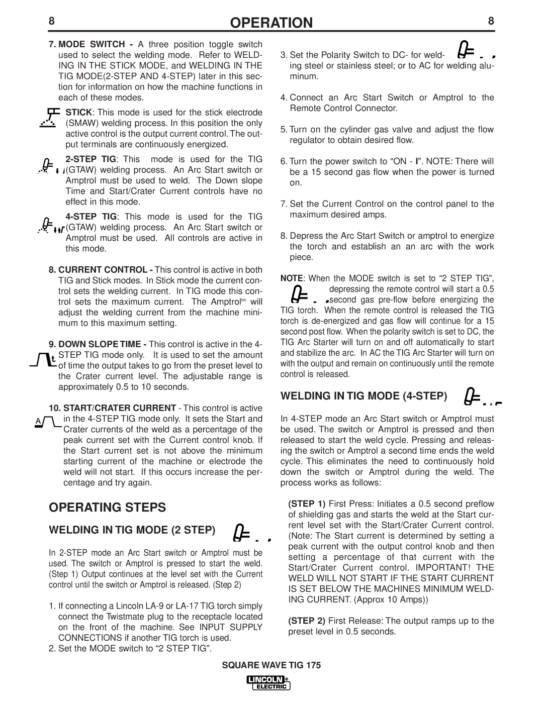 Lincoln Electric IM607 manual Operating Steps, Welding in TIG Mode 2 Step, Welding in TIG Mode 4-STEP 