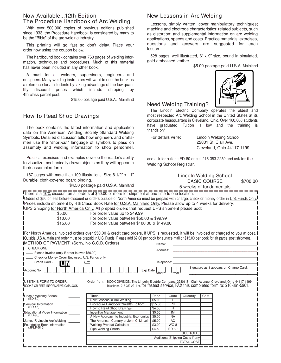 Lincoln Electric IM607 manual Basic Course, $700.00 