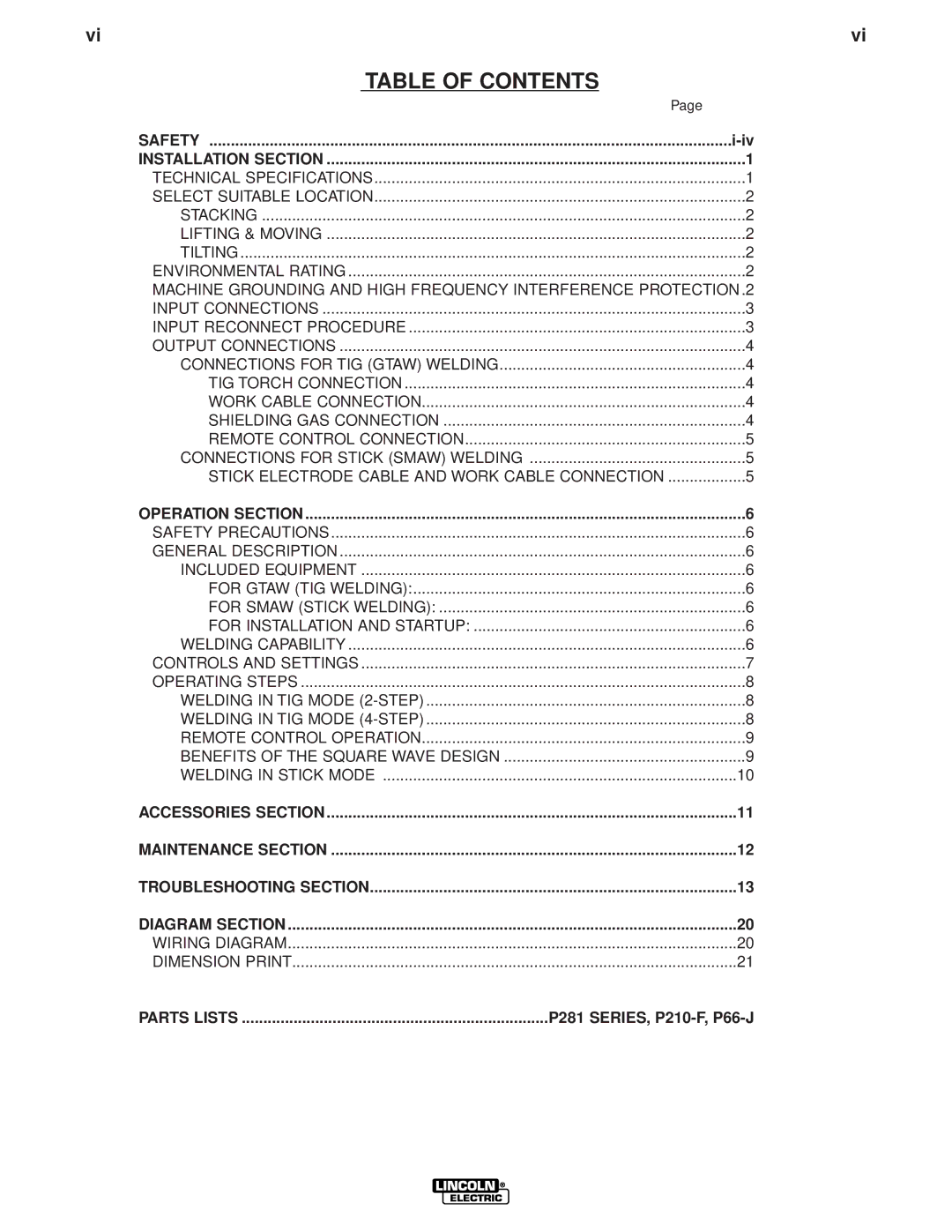 Lincoln Electric IM607 manual Table of Contents 