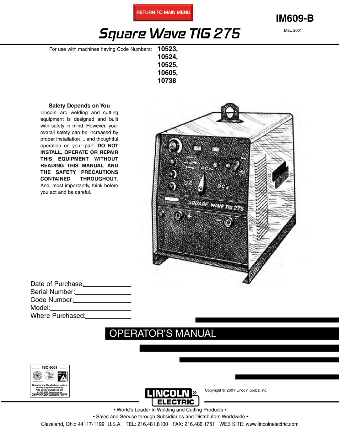 Lincoln Electric IM609-B manual Square Wave TIG 