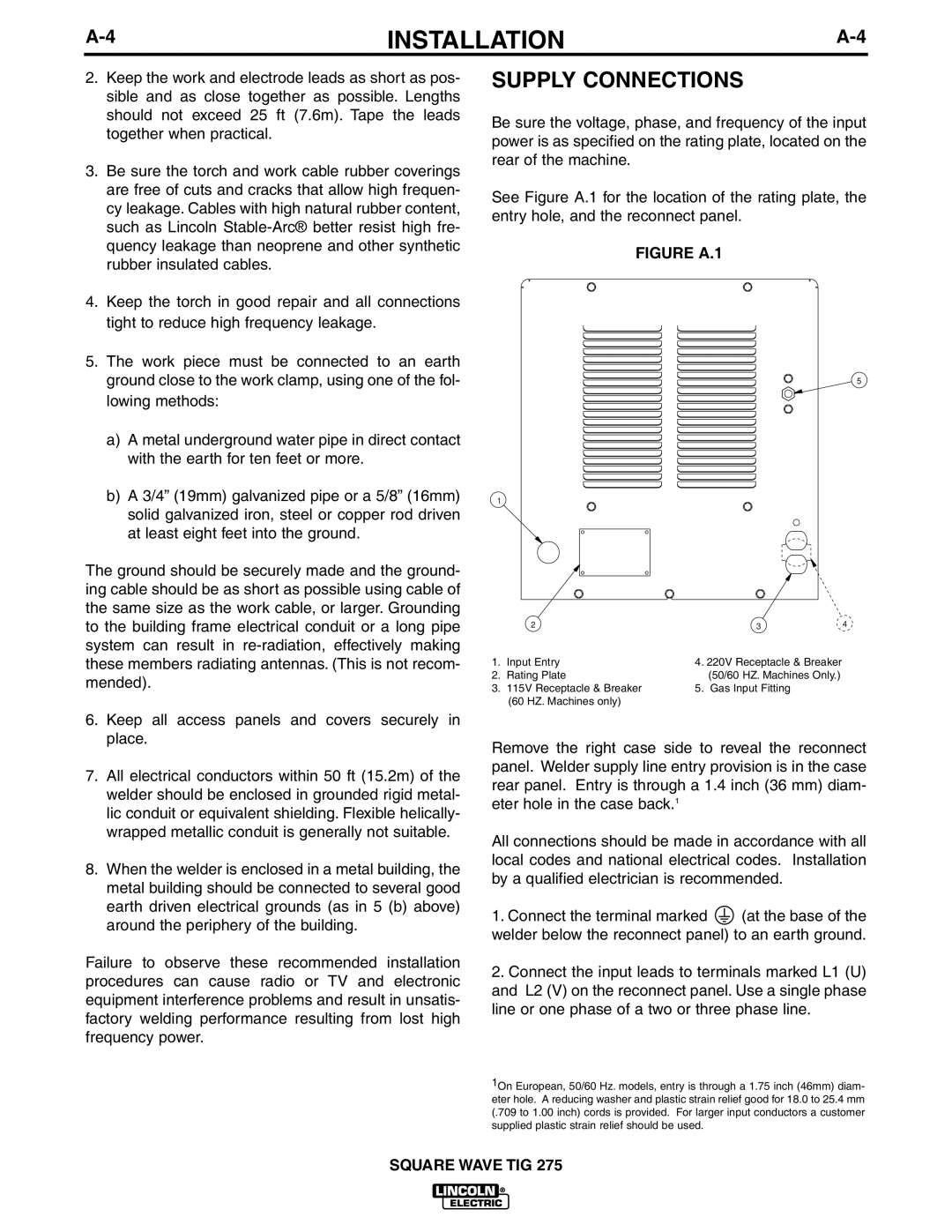 Lincoln Electric IM609-B manual Supply Connections, Figure A.1 