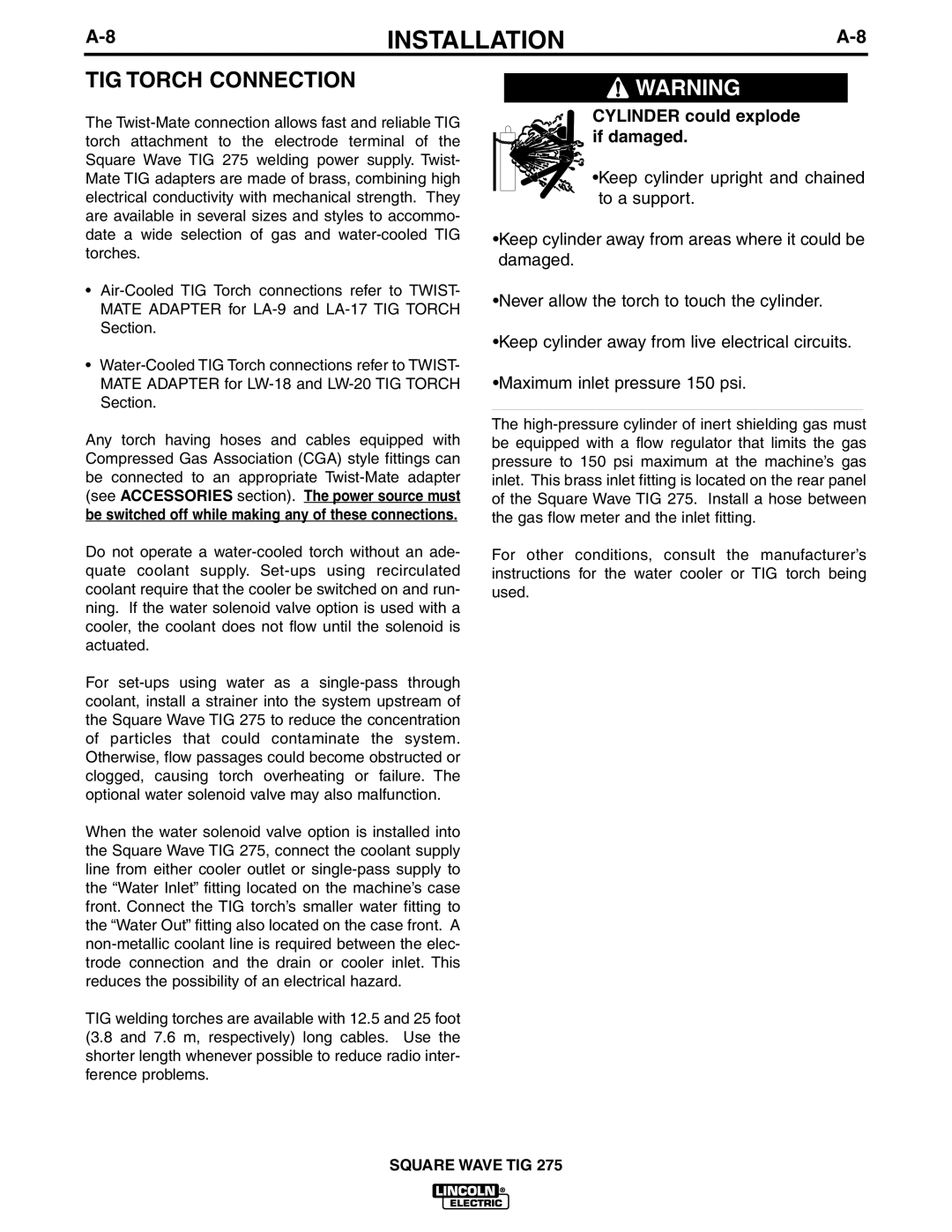 Lincoln Electric IM609-B manual TIG Torch Connection, Cylinder could explode if damaged 