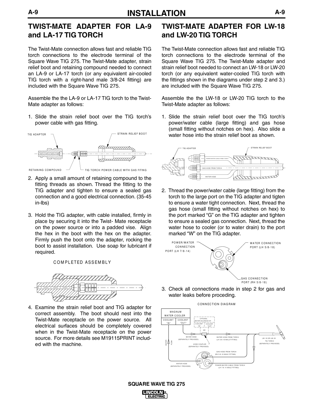 Lincoln Electric IM609-B manual TWIST-MATE Adapter for LA-9 TWIST-MATE Adapter for LW-18, LA-17 TIG Torch LW-20 TIG Torch 