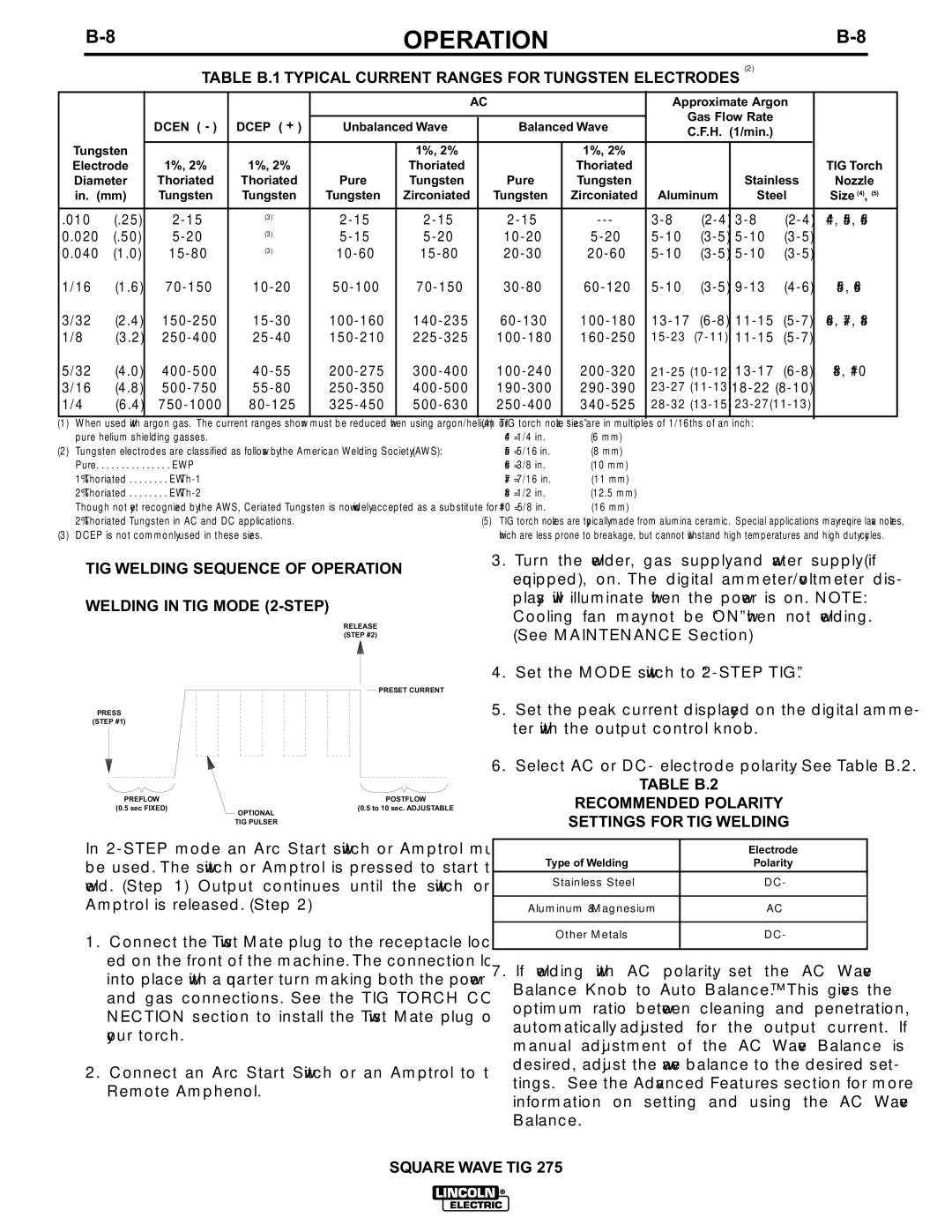 Lincoln Electric IM609-B manual TIG Welding Sequence of Operation Welding in TIG Mode 2-STEP 