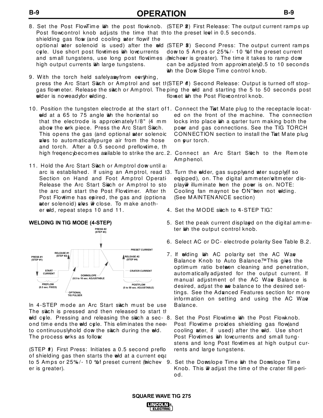 Lincoln Electric IM609-B manual Welding in TIG Mode 4-STEP 