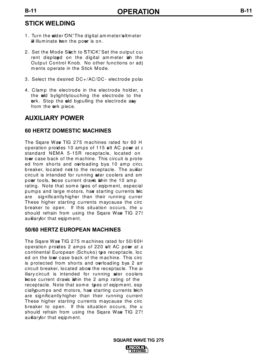 Lincoln Electric IM609-B manual Stick Welding, Auxiliary Power 