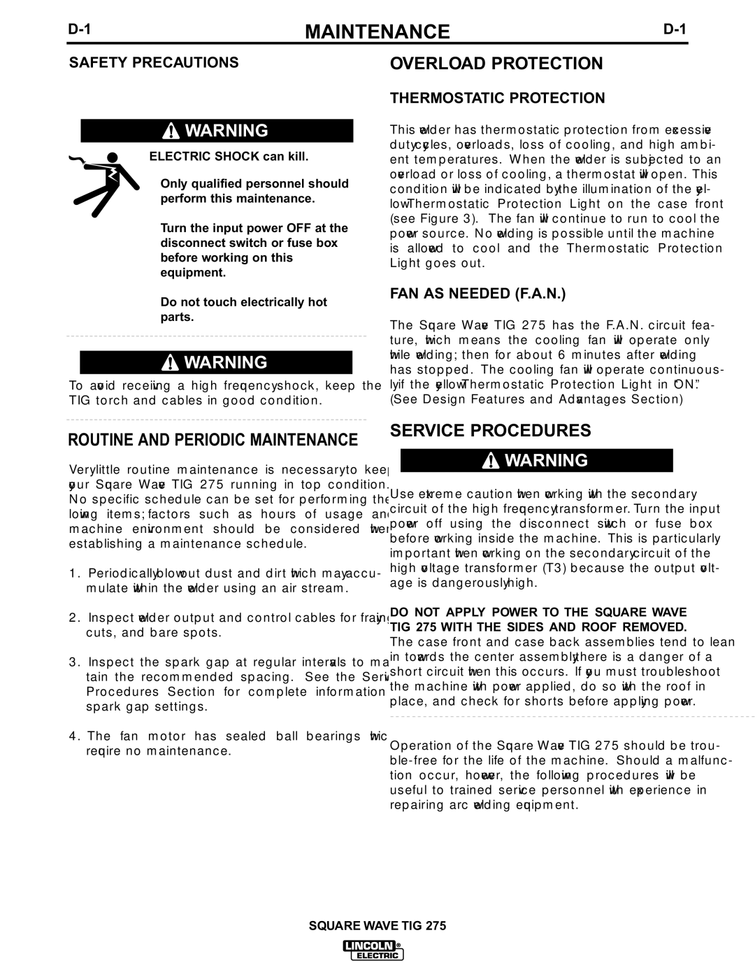 Lincoln Electric IM609-B manual Maintenance, Overload Protection, Service Procedures 