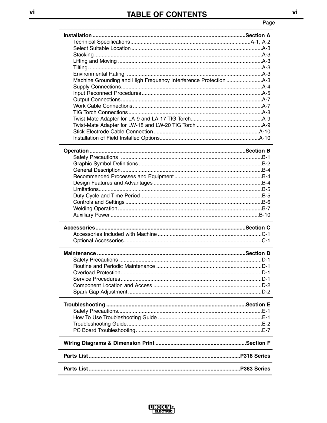 Lincoln Electric IM609-B manual Table of Contents 