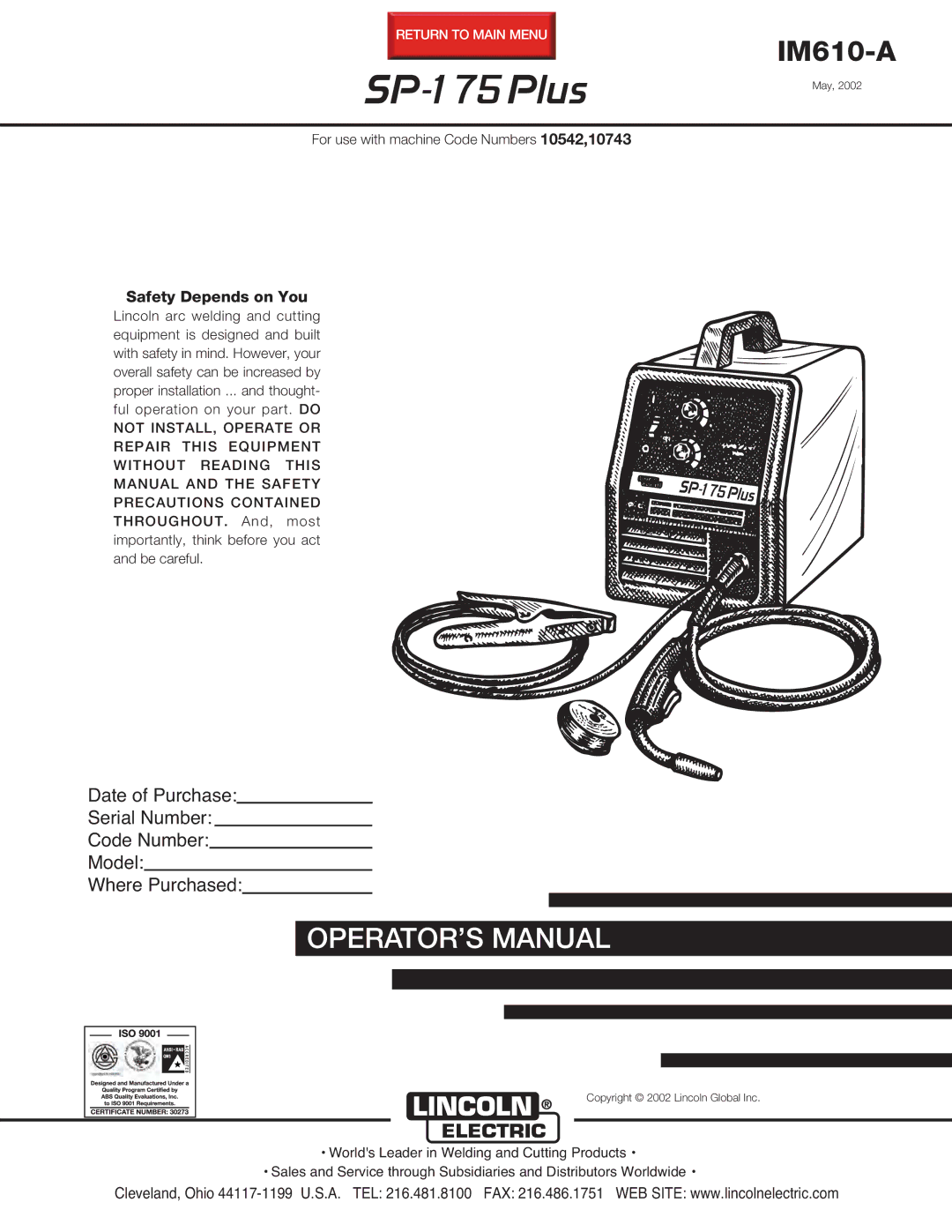 Lincoln Electric IM610-A manual SP-175 Plus 