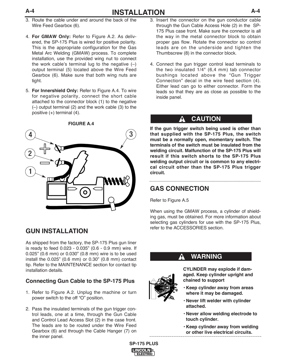 Lincoln Electric IM610-A manual GUN Installation, GAS Connection, Connecting Gun Cable to the SP-175 Plus 