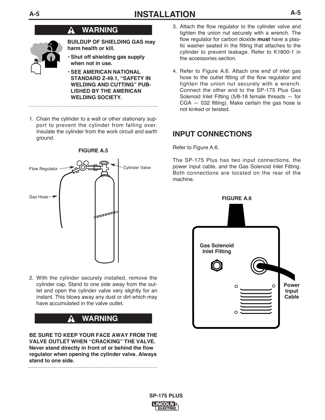 Lincoln Electric IM610-A manual Input Connections, Gas Solenoid Inlet Fitting Power Input Cable 