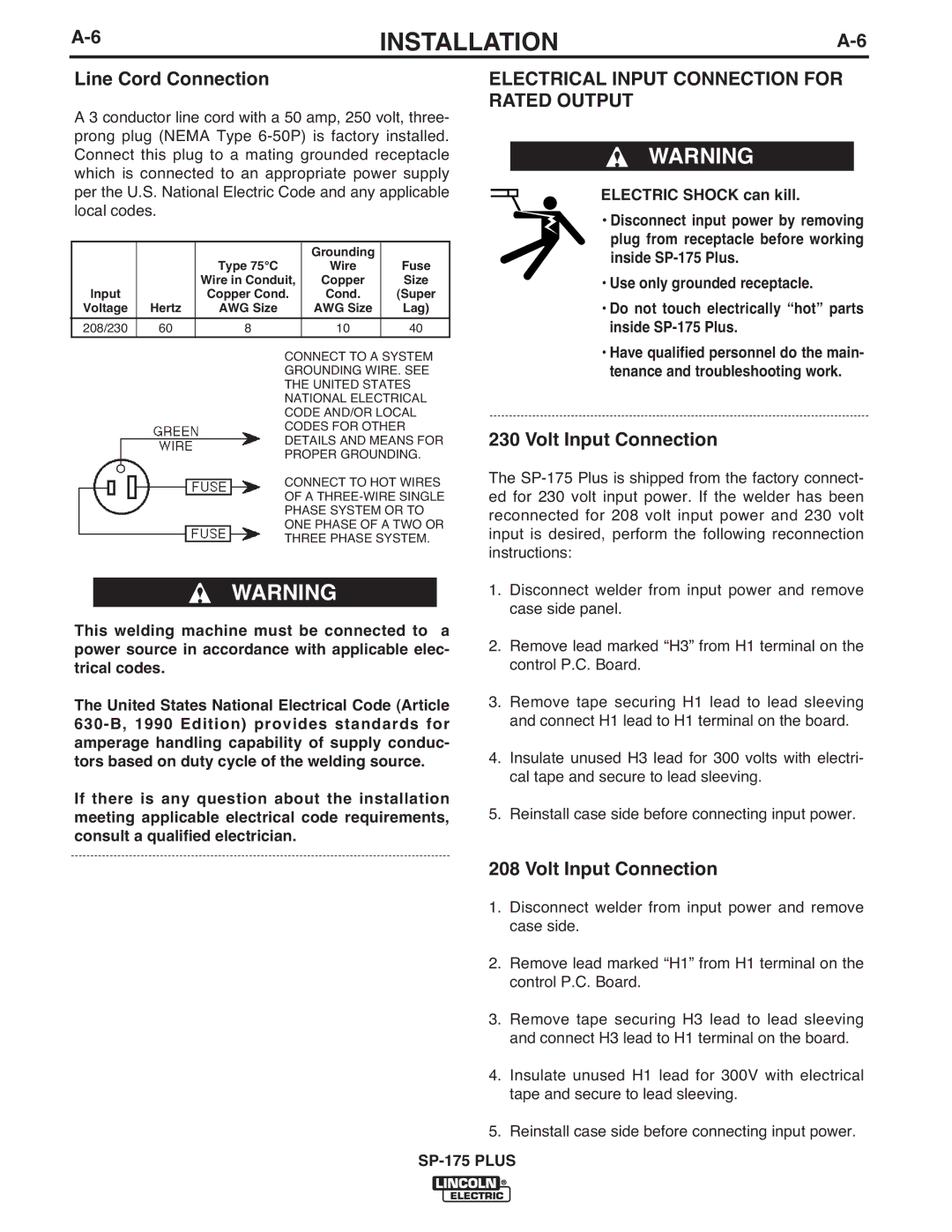 Lincoln Electric IM610-A manual Line Cord Connection, Electrical Input Connection for Rated Output, Volt Input Connection 