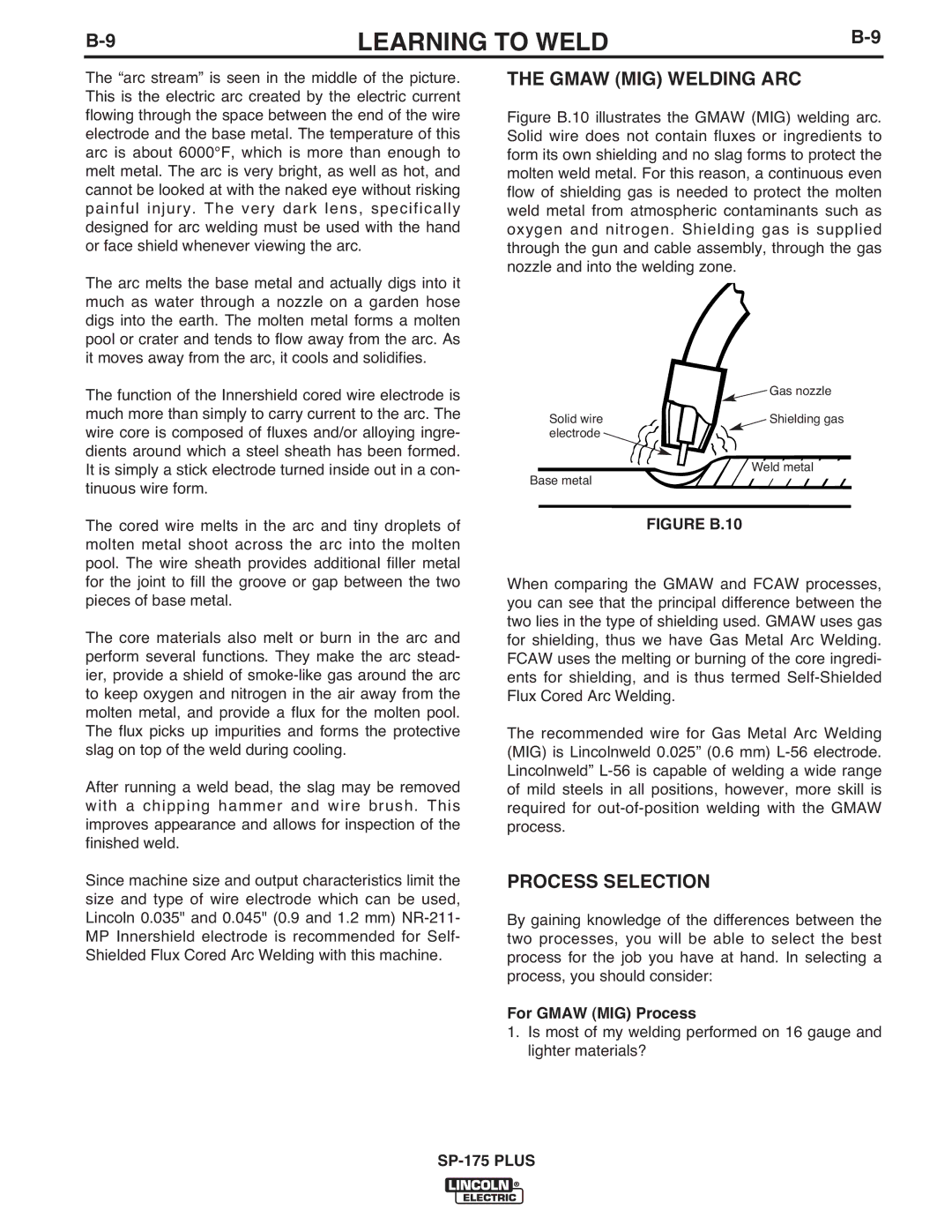 Lincoln Electric IM610-A manual Gmaw MIG Welding ARC, Process Selection, For Gmaw MIG Process 