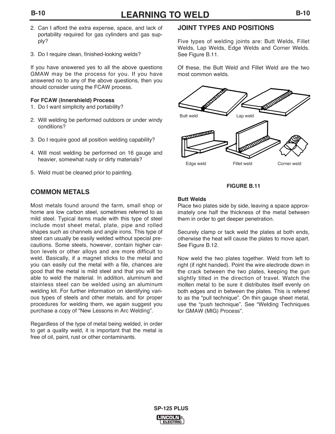 Lincoln Electric IM610-A manual Common Metals, Joint Types and Positions, For Fcaw Innershield Process, Butt Welds 