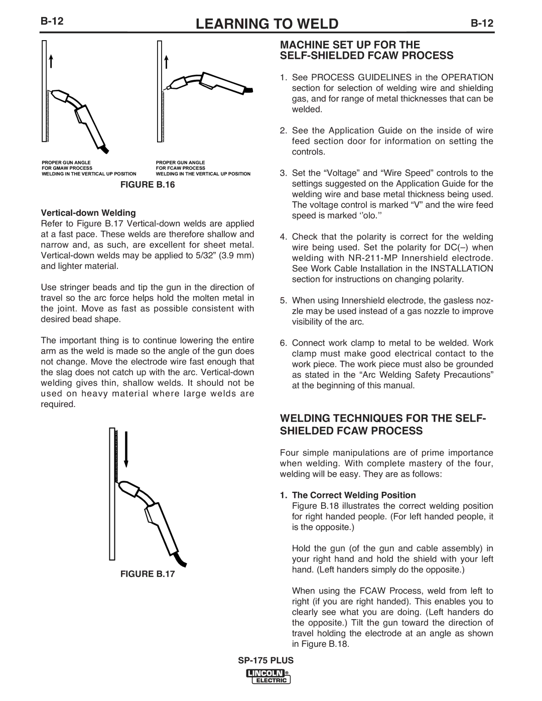 Lincoln Electric IM610-A manual Machine SET UP for the SELF-SHIELDED Fcaw Process, Vertical-down Welding 