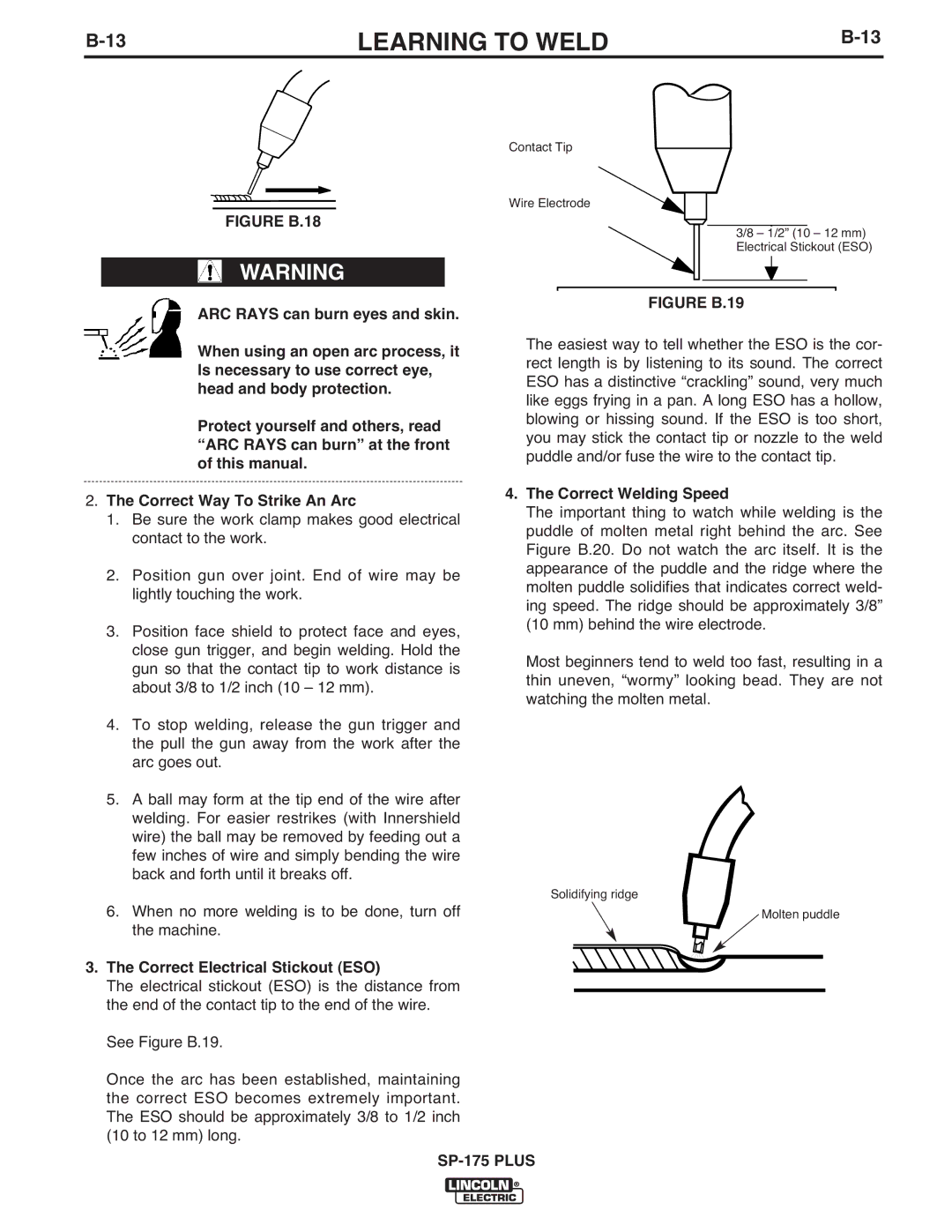 Lincoln Electric IM610-A manual Correct Electrical Stickout ESO, Correct Welding Speed 