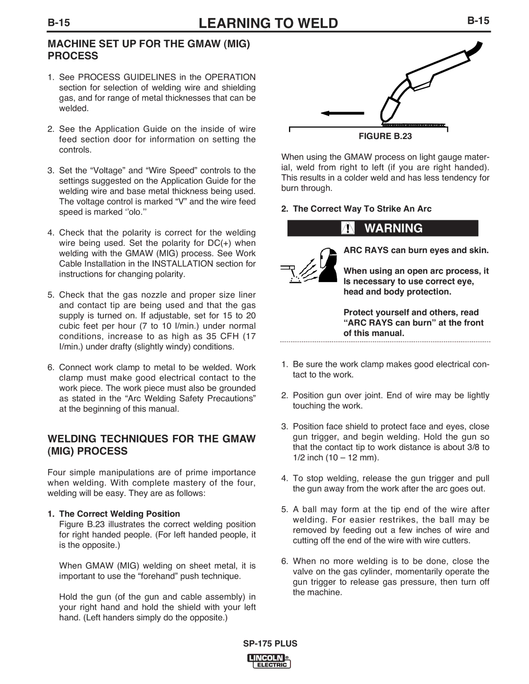 Lincoln Electric IM610-A manual Machine SET UP for the Gmaw MIG Process, Welding Techniques for the Gmaw MIG Process 