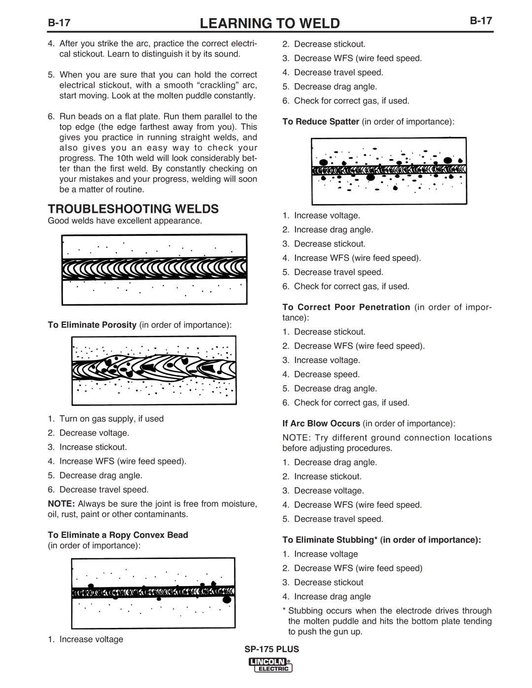 Lincoln Electric IM610-A manual Troubleshooting Welds, To Correct Poor Penetration in order of impor- tance 