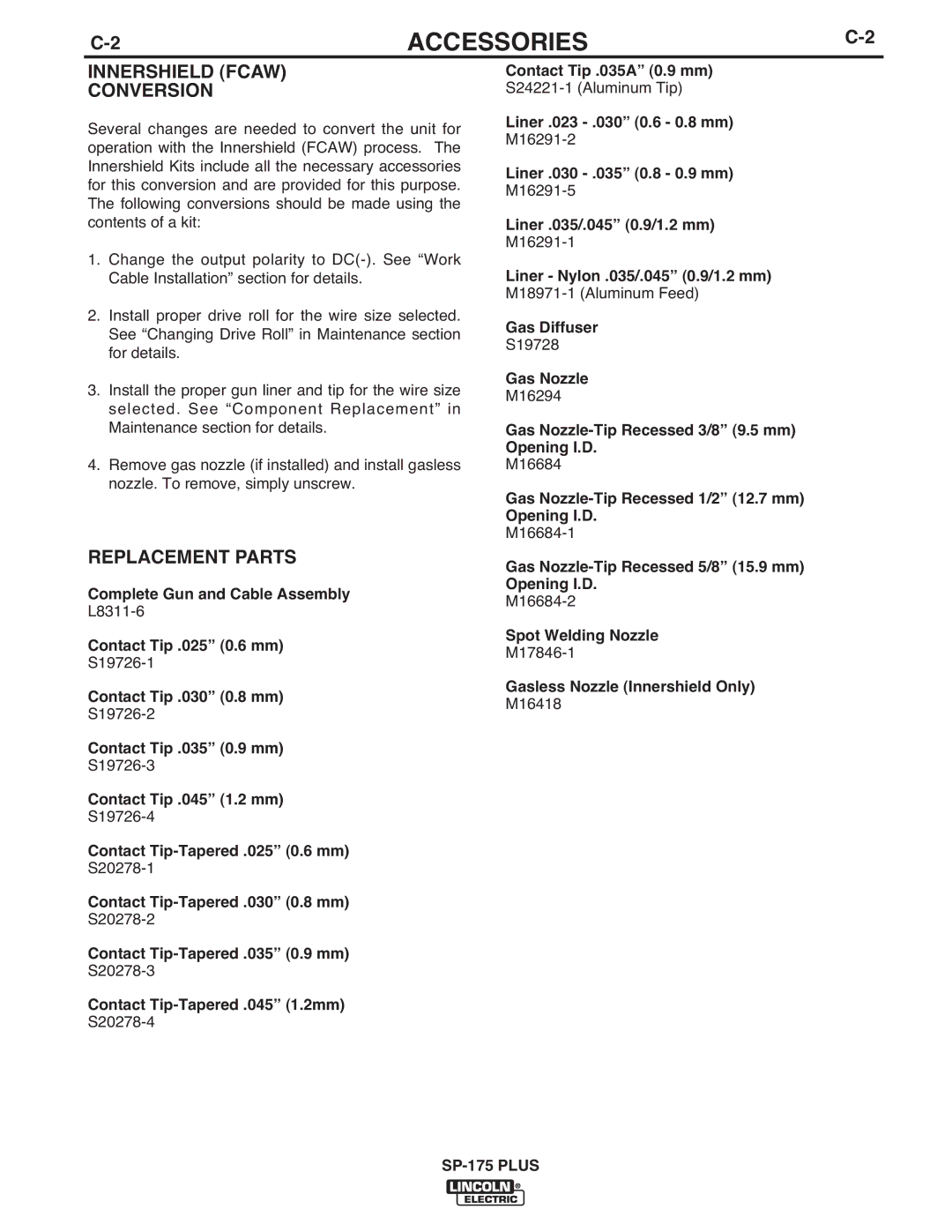 Lincoln Electric IM610-A manual Innershield Fcaw Conversion, Replacement Parts 