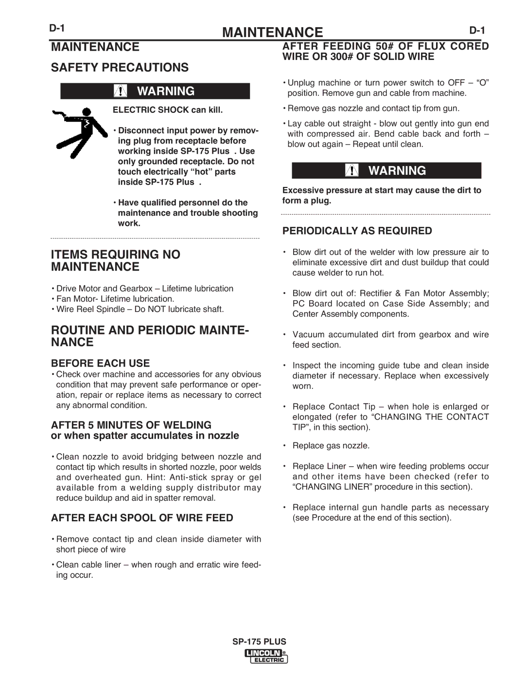 Lincoln Electric IM610-A manual Maintenance Safety Precautions, Items Requiring no Maintenance 