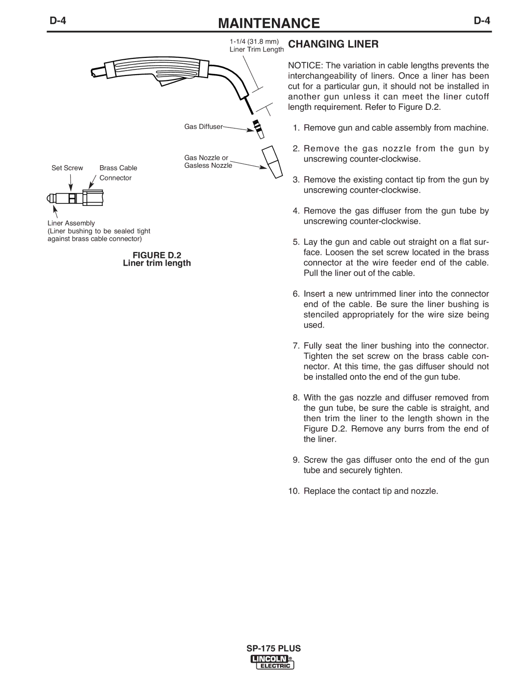 Lincoln Electric IM610-A manual Changing Liner, Liner trim length 