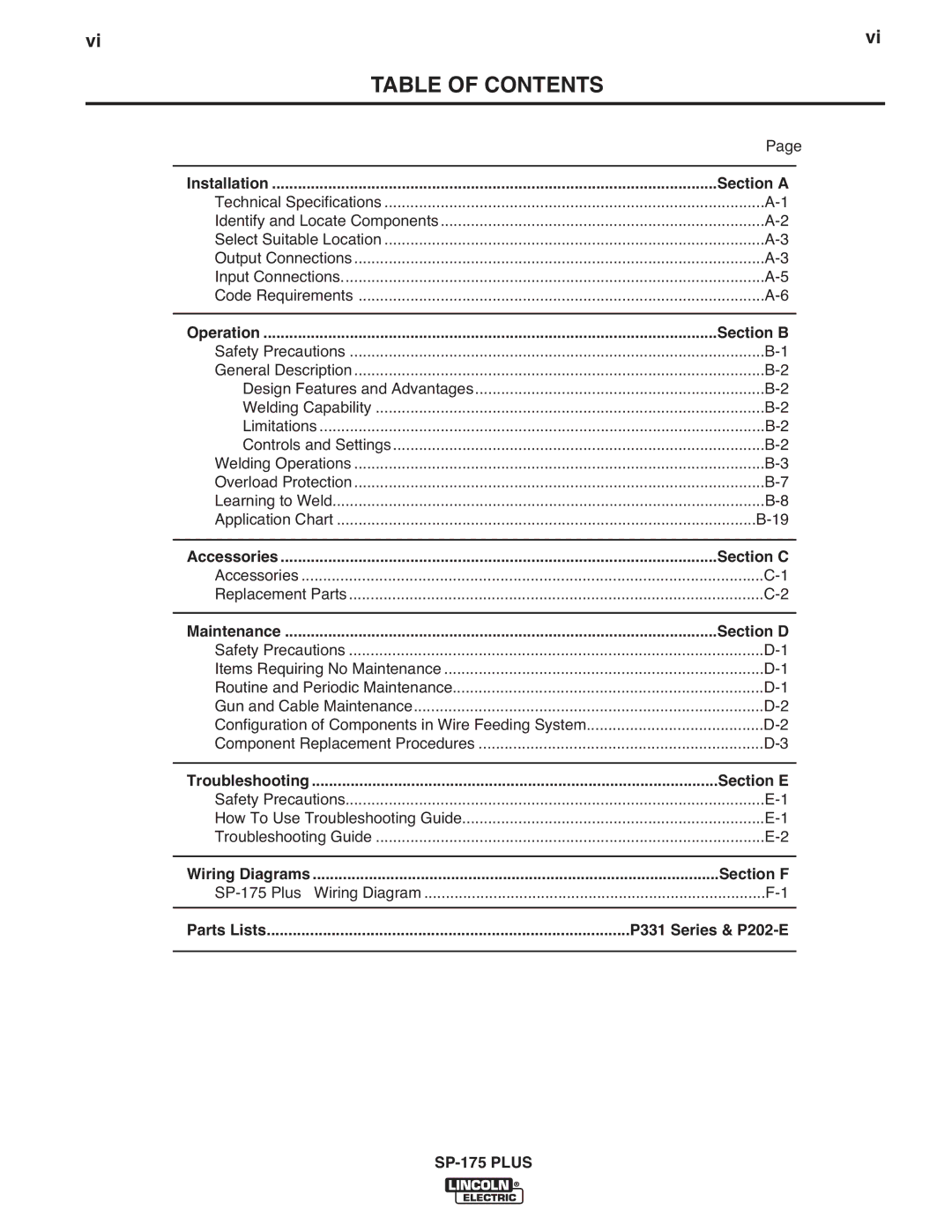 Lincoln Electric IM610-A manual Table of Contents 